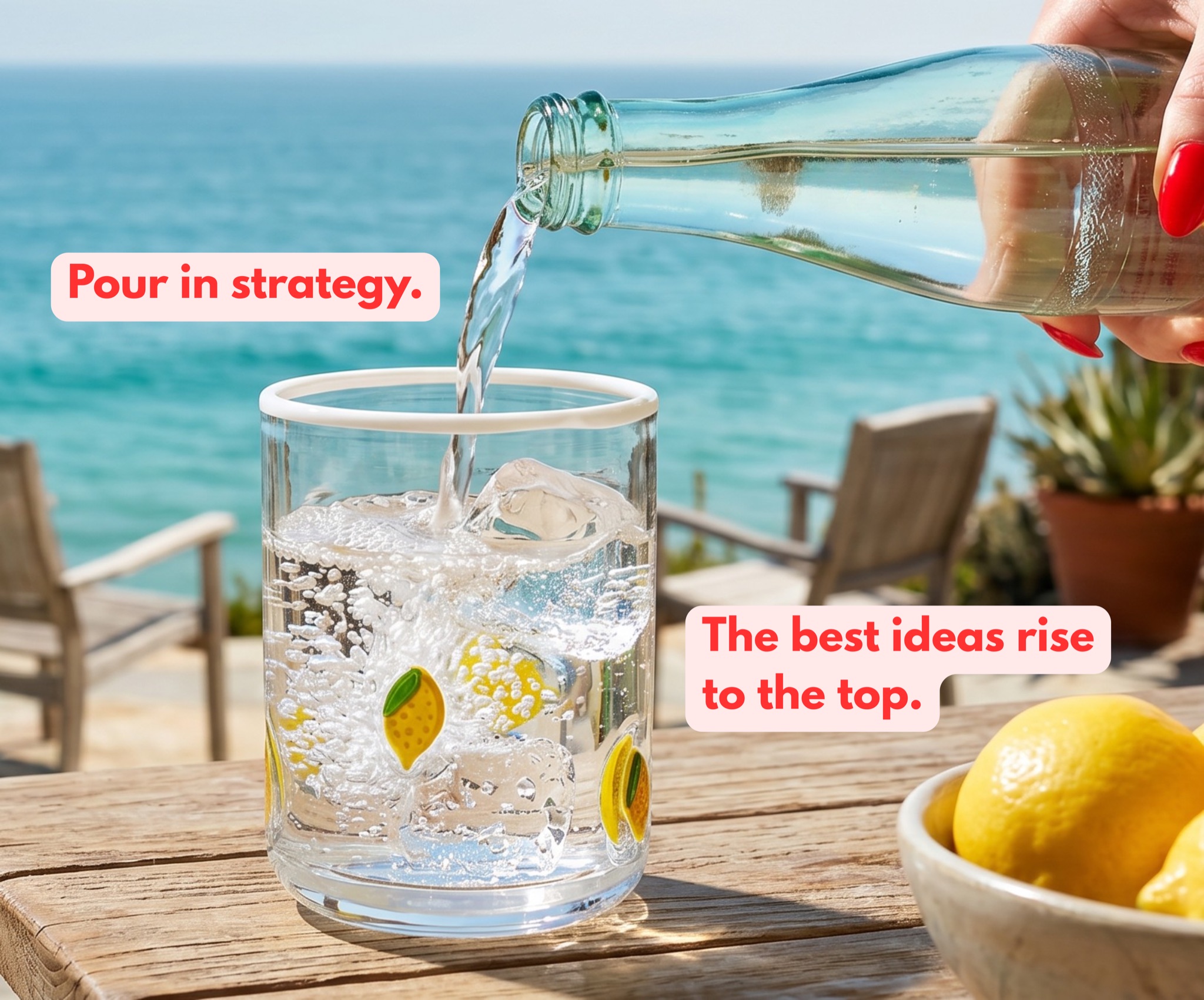 Hand pouring seltzer into a lemon-printed glass overlooking the ocean — Pour in strategy. The best ideas rise to the top.